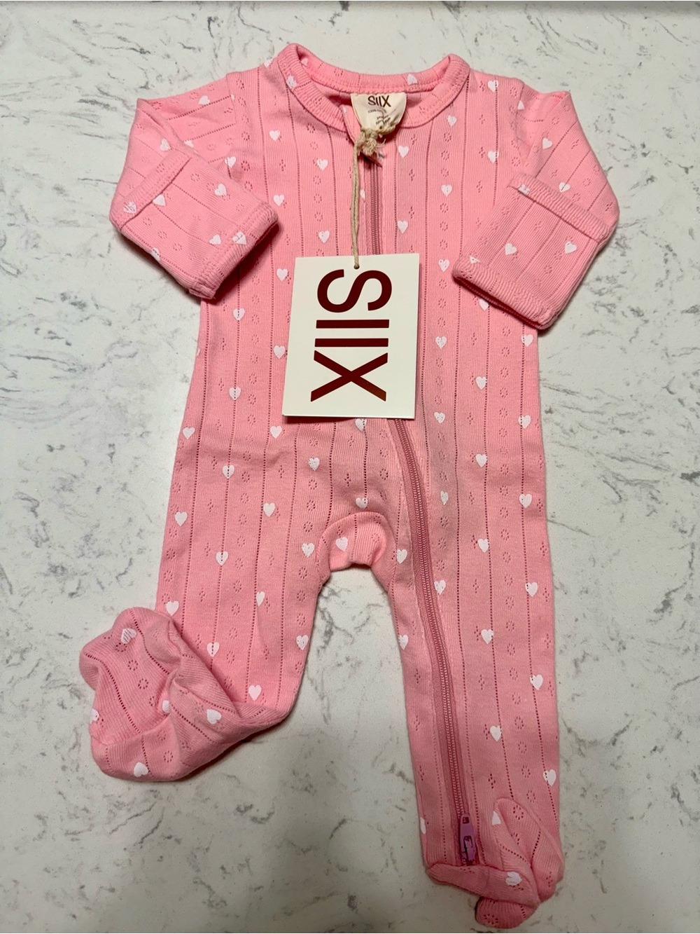 💝NWT- SIIX Pink Heart-Print Pointelle Knit Footed One-Piece- NB